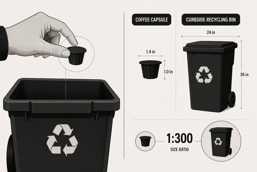 Close-up of a person's hand holding a single-serve coffee capsule over a curbside recycling bin, showing the small size of the pod compared to the bin