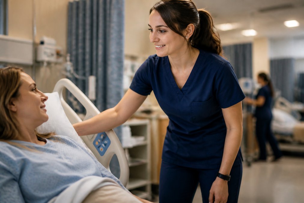 Female healthcare professional wearing modern slim-fit scrubs, actively engaged in patient care during clinical shift, demonstrating mobility and professional appearance with natural clinical lighting