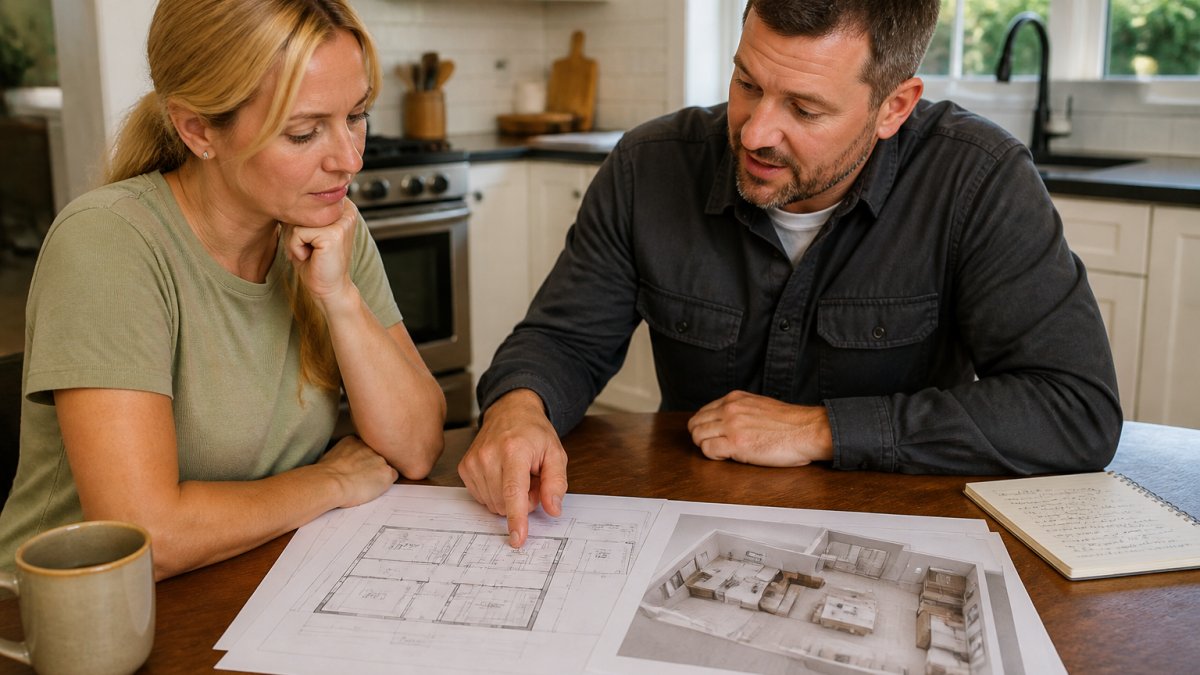 Homeowner and contractor reviewing a small home addition floor plan and budget notes at a kitchen table