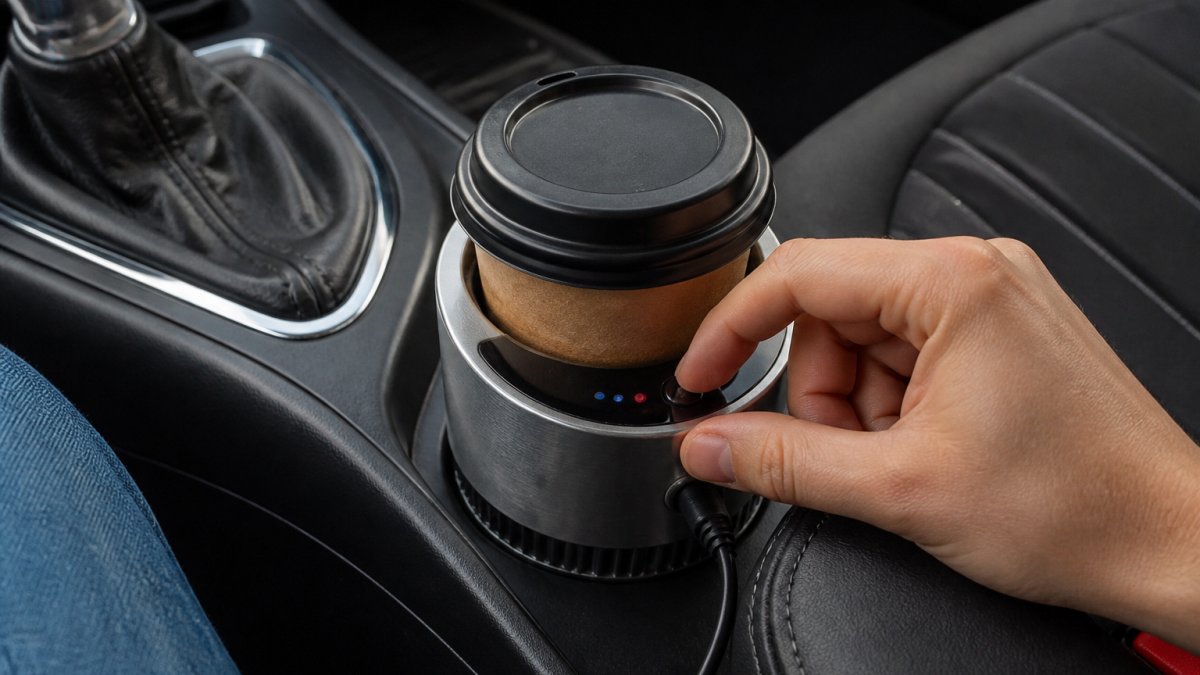 A close-up of a car cup holder with a digital cup warmer/cooler holding a coffee cup, showing the LED temperature display, with a driver's hand adjusting the setting in a parked car