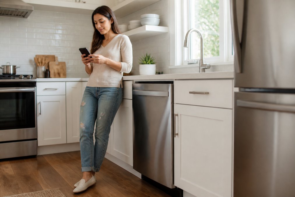 Homeowner checking smartphone to monitor dishwasher cycle status while standing in modern kitchen with stainless steel appliances and natural window lighting