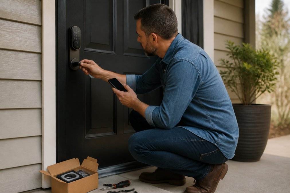 A homeowner kneeling at a front door, holding a smartphone while examining a newly installed smart deadbolt, with a screwdriver and packaging nearby on the floor