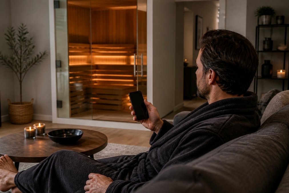 Homeowner using smartphone to adjust sauna temperature settings while relaxing in modern living room, with infrared sauna visible through glass door in background, warm ambient lighting