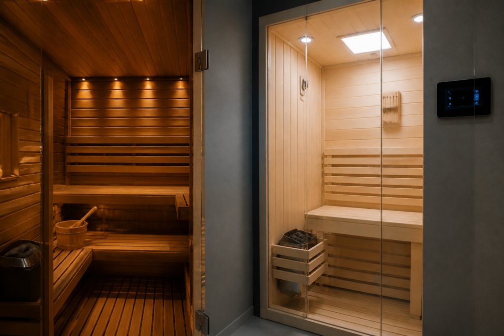 Contrast of serene traditional sauna interior with warm wooden benches and soft lighting beside modern smart sauna setup displaying digital temperature controls and app interface on wall-mounted screen