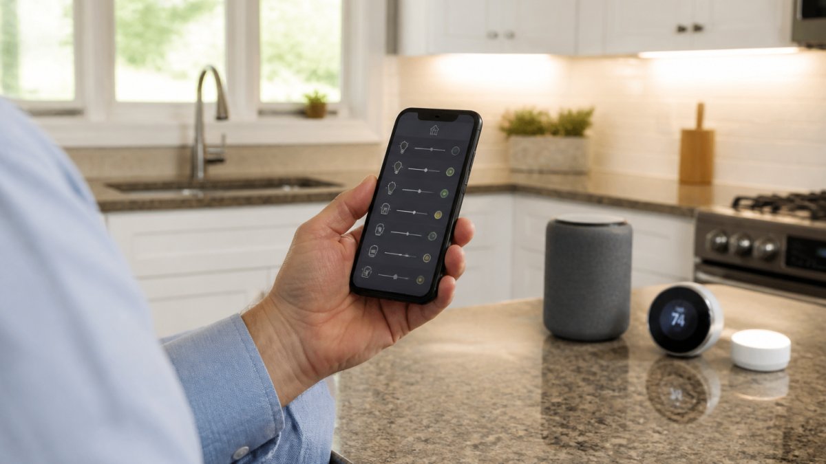 Handheld smartphone app managing connected devices to show smart home systems worth and compatibility.