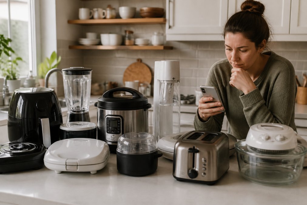 A bright, modern kitchen countertop cluttered with various small appliances and gadgets, with a person looking at them while holding a smartphone, conveying a sense of overwhelm