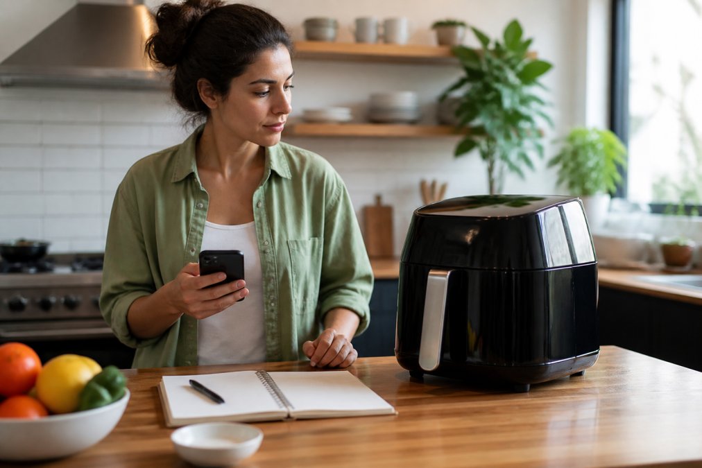 A person in a modern kitchen holding a smartphone while looking at a smart appliance on the counter, with a notebook and pen nearby for comparing costs