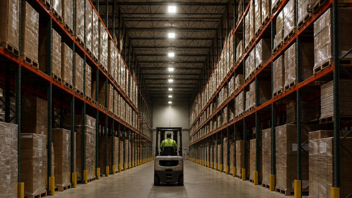 Forklift operator driving through a warehouse aisle with smart lighting controls brightening only the active area.