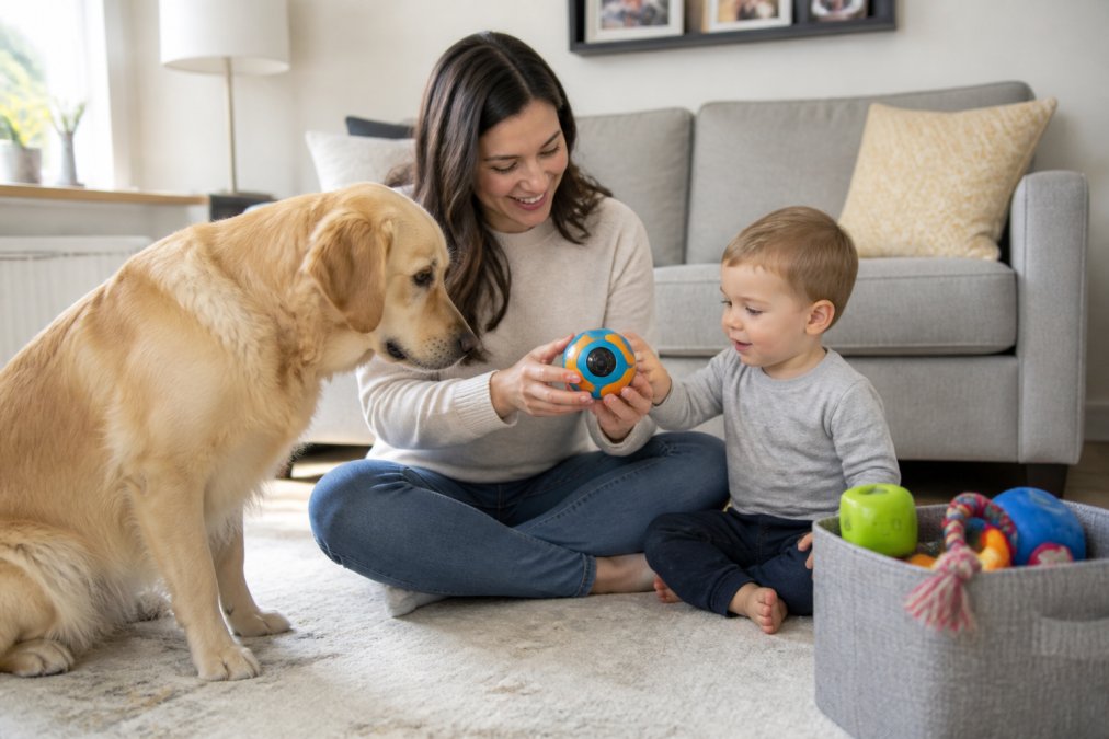 A parent sitting on a living room floor with a toddler and a dog, inspecting a small electronic pet toy ball together, with a toy bin nearby