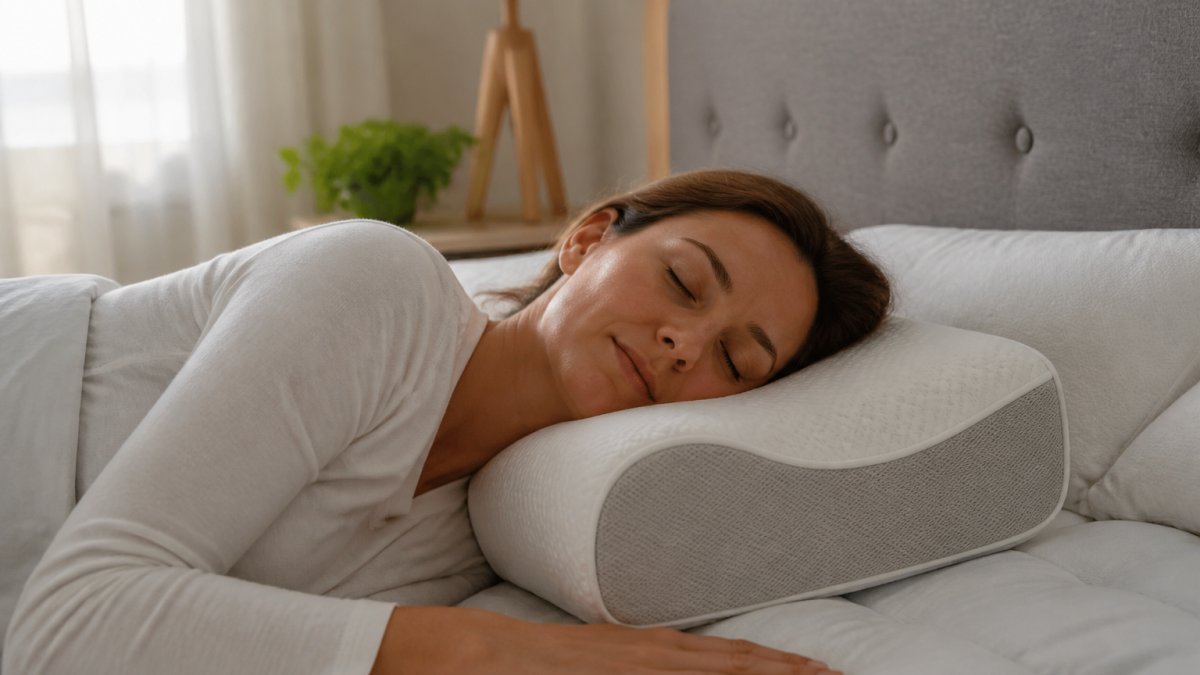 A person lying on their side in bed with a contoured pillow supporting the curve of the neck, soft morning light through curtains, calm bedroom setting