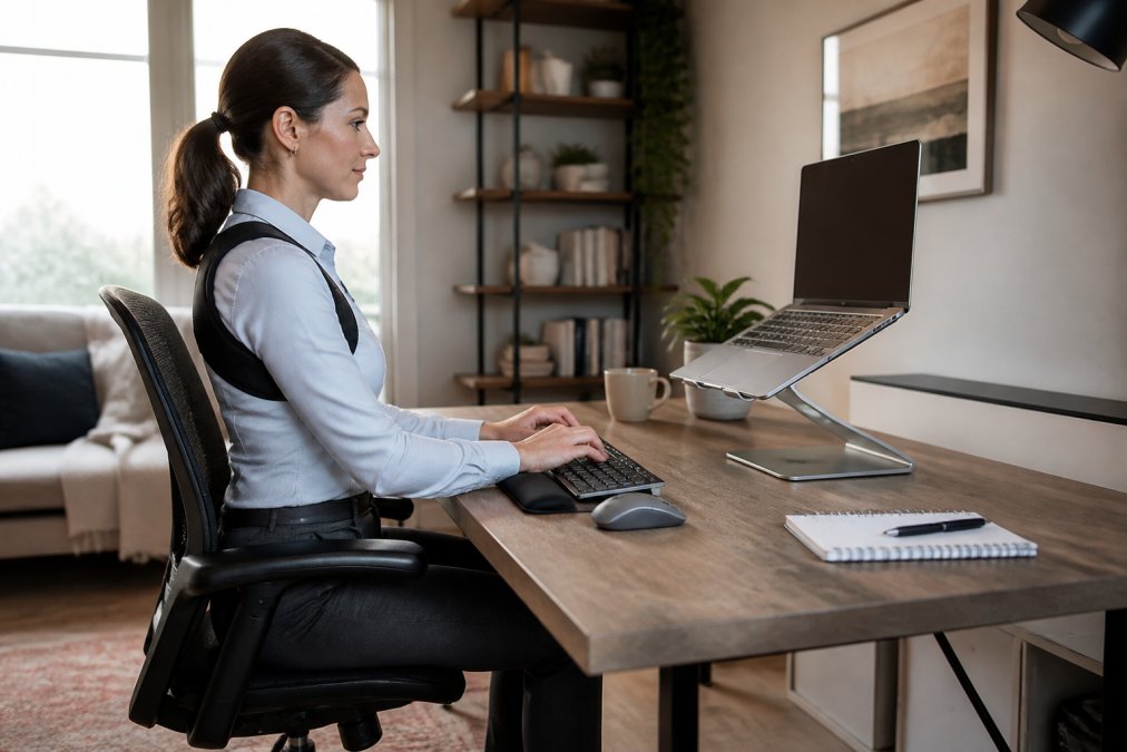 A woman working at a tidy home office desk with a laptop raised on a stand, external keyboard, and chair positioned at a comfortable height, wearing a slim posture trainer under a fitted blouse