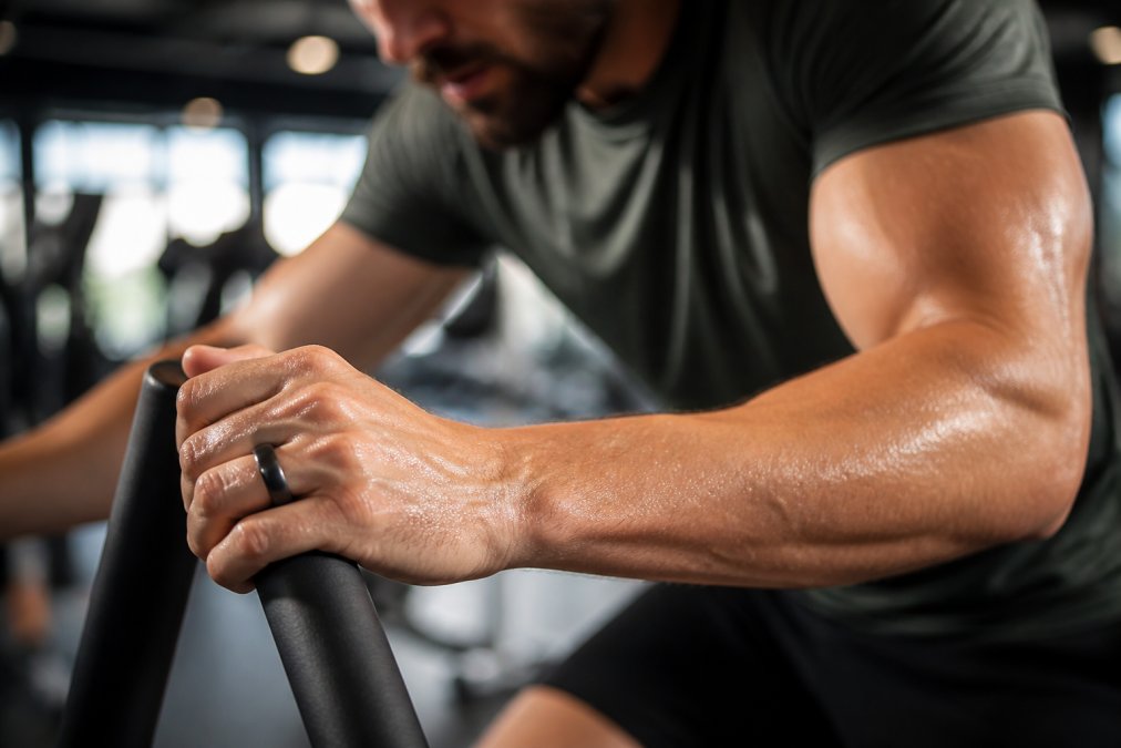 Close-up of a person's hand wearing a smart ring during an active workout, sweat visible on skin with motion blur from arm movement in bright gym lighting