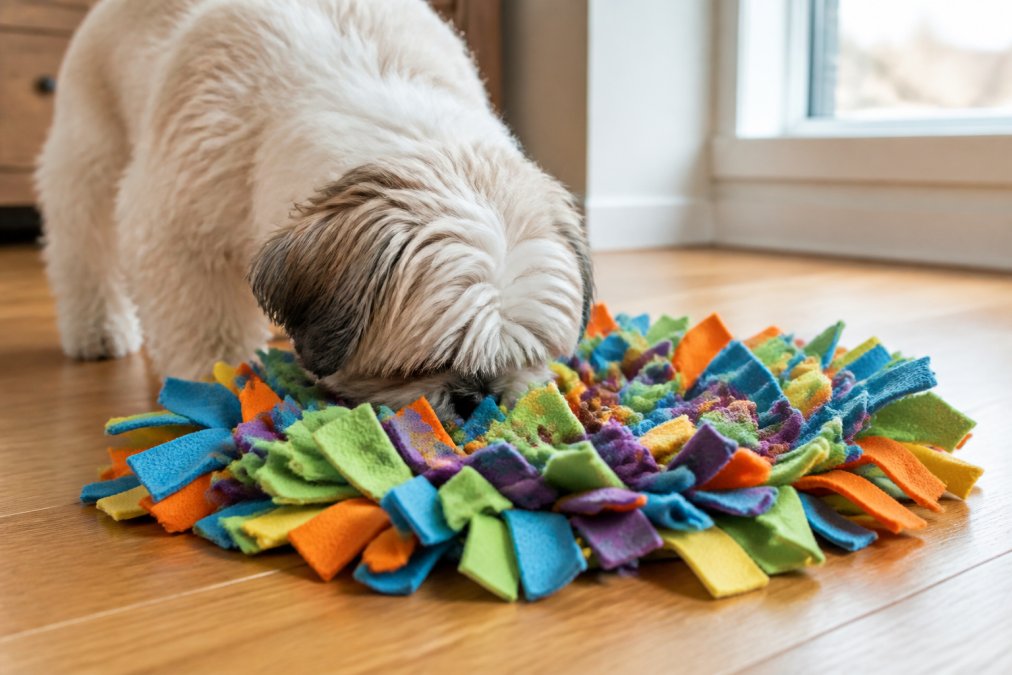 A small Shih Tzu with its nose buried deep into a colorful fleece snuffle mat on a warm hardwood floor, searching for hidden kibble pieces among the layered fabric strips, natural afternoon light from a nearby window