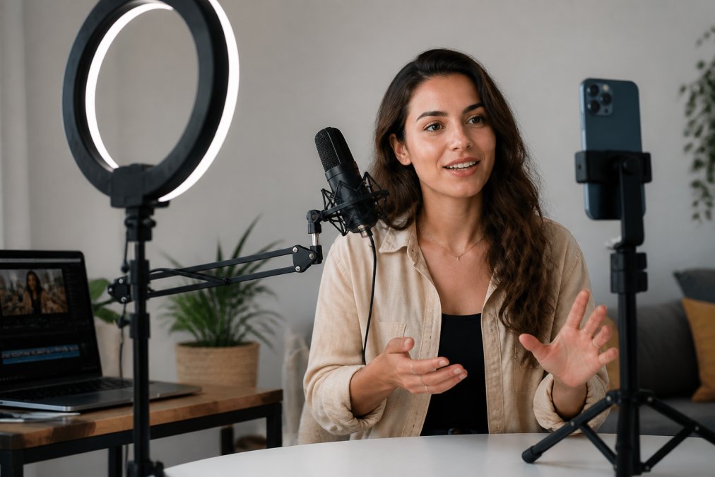Content creator at home studio setup with professional ring light mounted on tall stand, wireless microphone on boom arm with shock mount, smartphone secured in vertical position on tripod, and laptop visible in background showing editing software