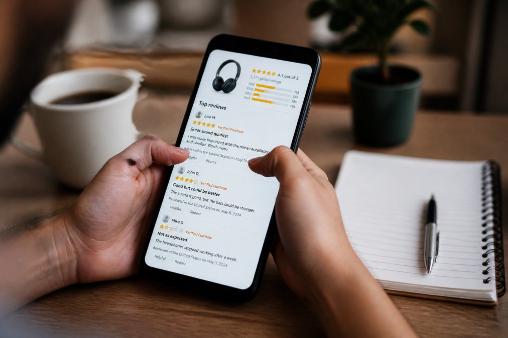 Close-up of hands holding smartphone displaying product review page with mixed star ratings, customer comments, and verified purchase badges clearly visible on screen in natural indoor lighting