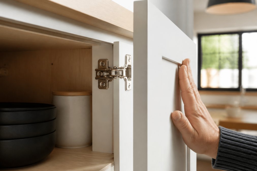 A close-up photo of a hand gently pushing a white shaker cabinet door closed, with the soft-close hydraulic hinge mechanism visible mounted inside the cabinet frame, warm natural kitchen lighting