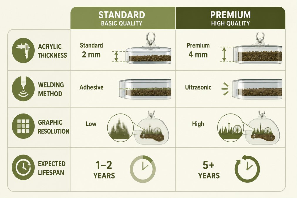 Comparison matrix showing acrylic thickness (standard vs. premium), welding method (ultrasonic vs. adhesive), graphic resolution (high vs. low), and expected lifespan (5+ years vs. 1-2 years)