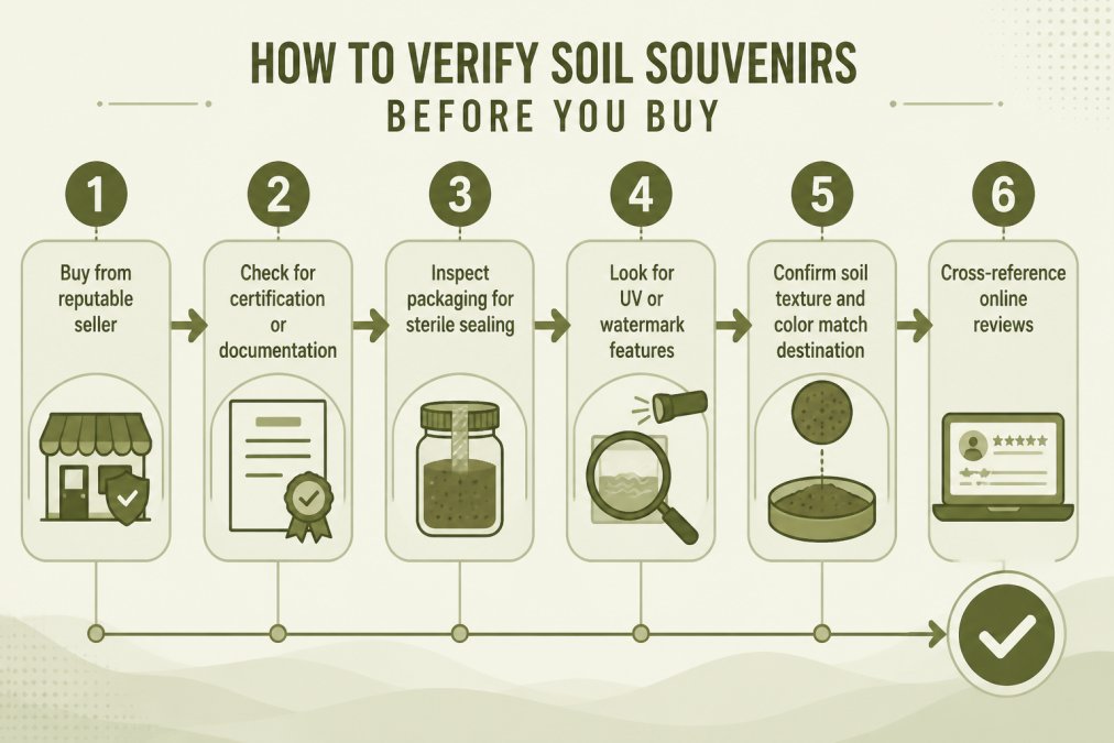 6-step verification flowchart for checking the authenticity of soil souvenirs before purchase
