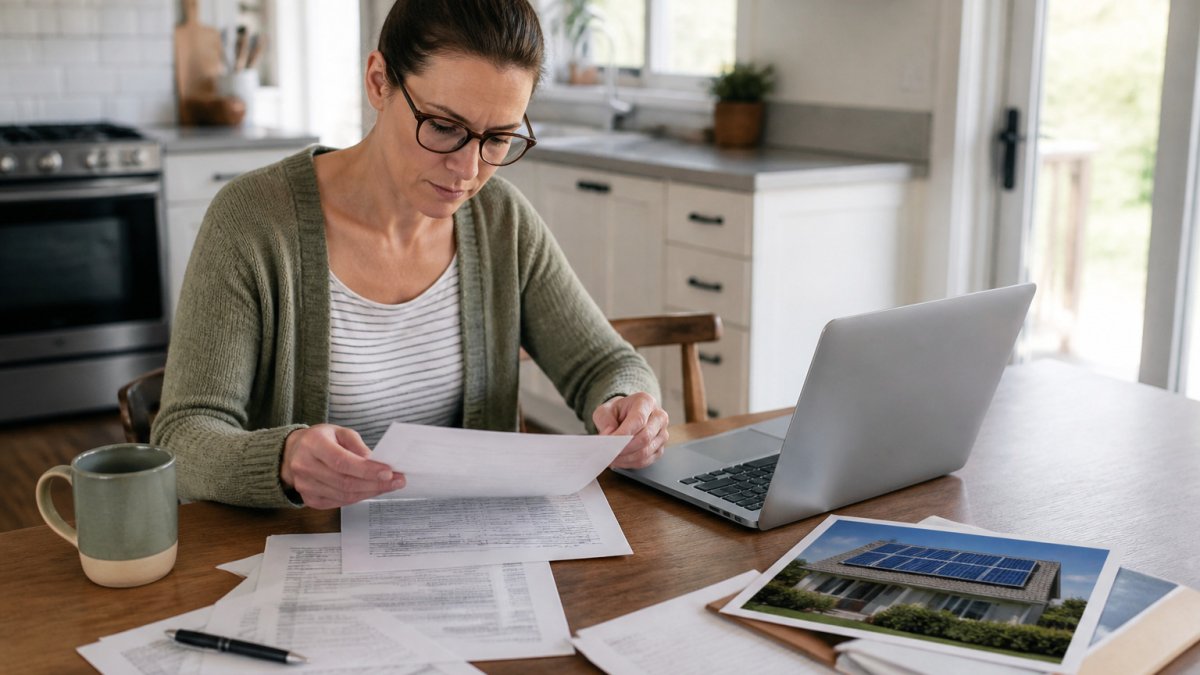 Step-by-step infographic showing how to organize paperwork to claim solar tax credits at home