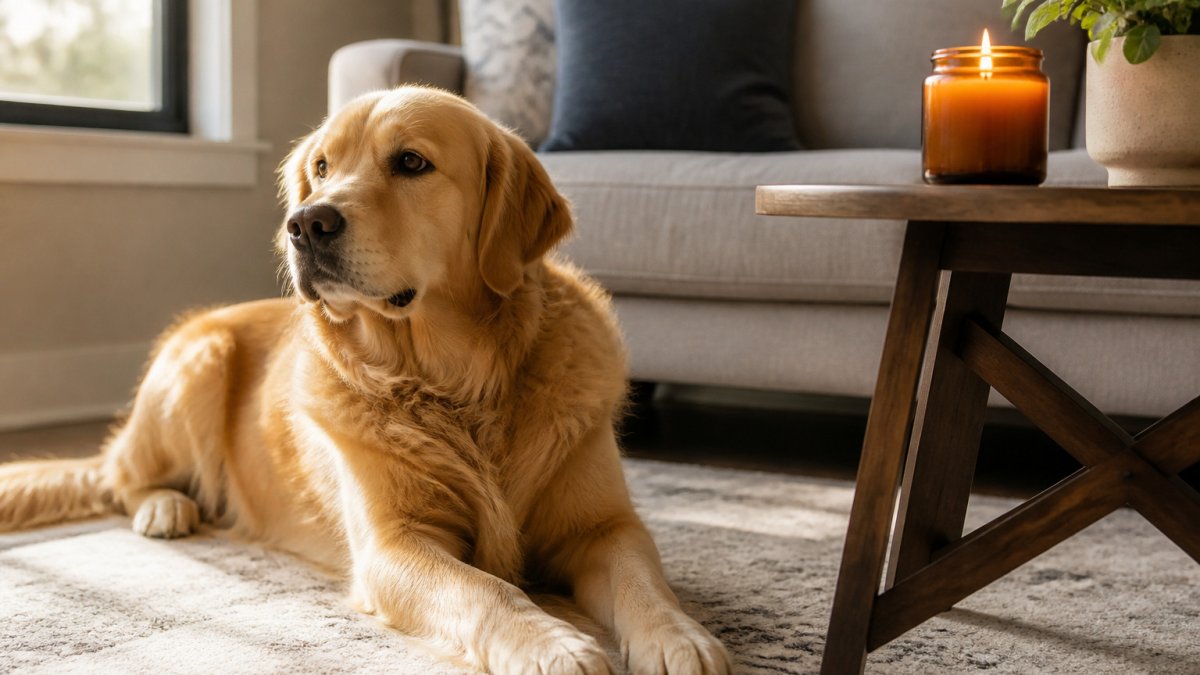 Infographic visualizing the safety of scented candles for dogs in a home environment