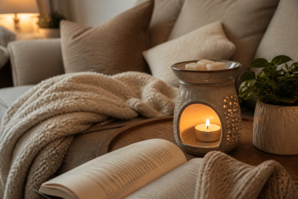 Infographic illustrating how soy candles safe ingredients create a cozy home atmosphere with wax warmers.