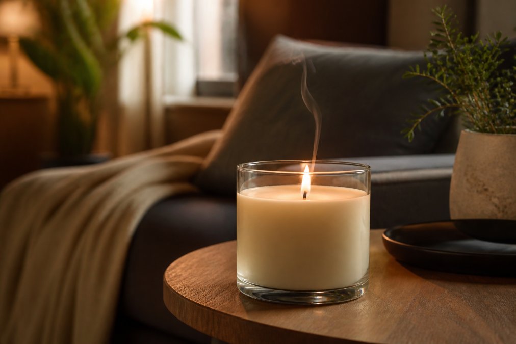 A lit soy candle in a weighted-bottom glass vessel on a wooden side table in a cozy living room, soft evening light, a faint wisp of smoke visible above the wick
