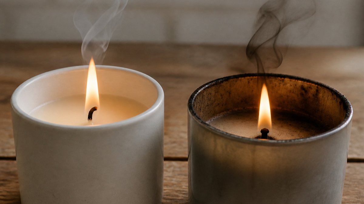 Close-up of a lit soy candle with clean, minimal flame and thin wisp of smoke in a ceramic vessel, compared to a paraffin candle with heavier, darker smoke and visible soot buildup on the container rim