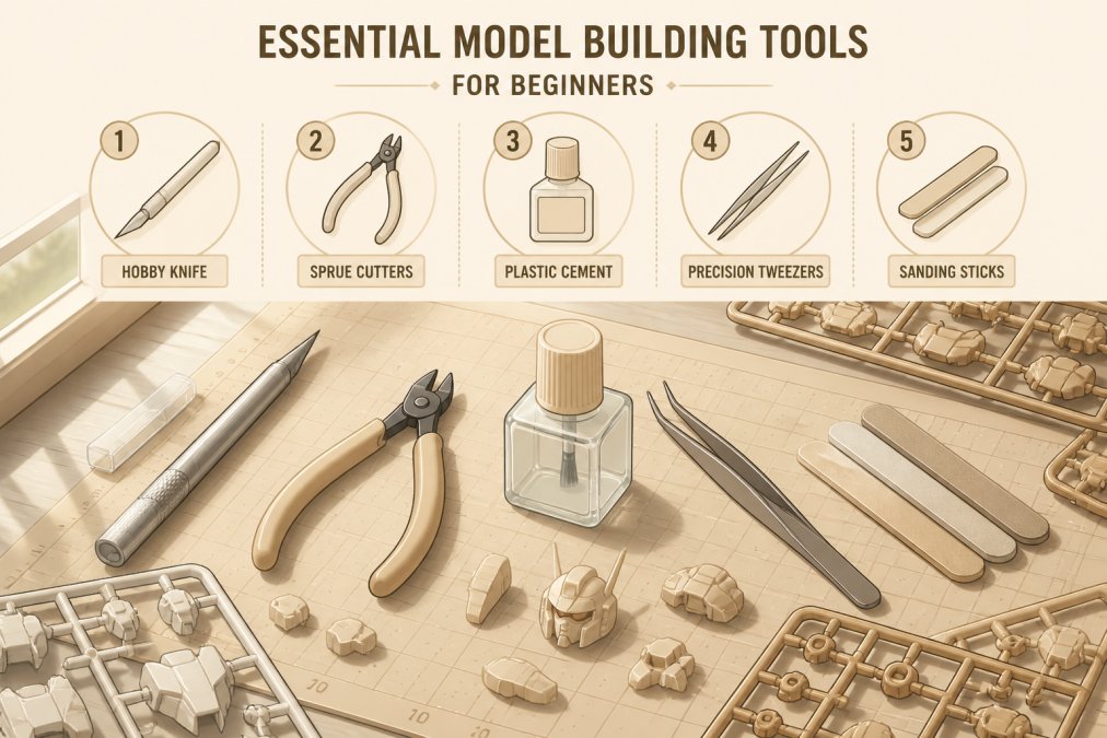 Close-up of a beginner's workbench showing a hobby knife, sprue cutters, plastic cement, precision tweezers, and sanding sticks arranged on a cutting mat with colorful model parts and plastic sprues in natural window lighting