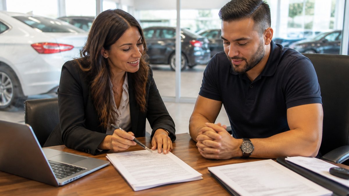 A customer and a finance advisor reviewing loan documents together at a desk in a bright dealership office, with a laptop and paperwork visible