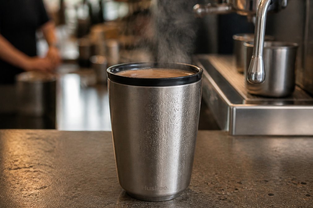 Close-up of a brushed steel reusable cup filled with hot coffee, steam rising gently from the rim, showing condensation on the exterior, with a cafe counter and espresso machine softly blurred in the background