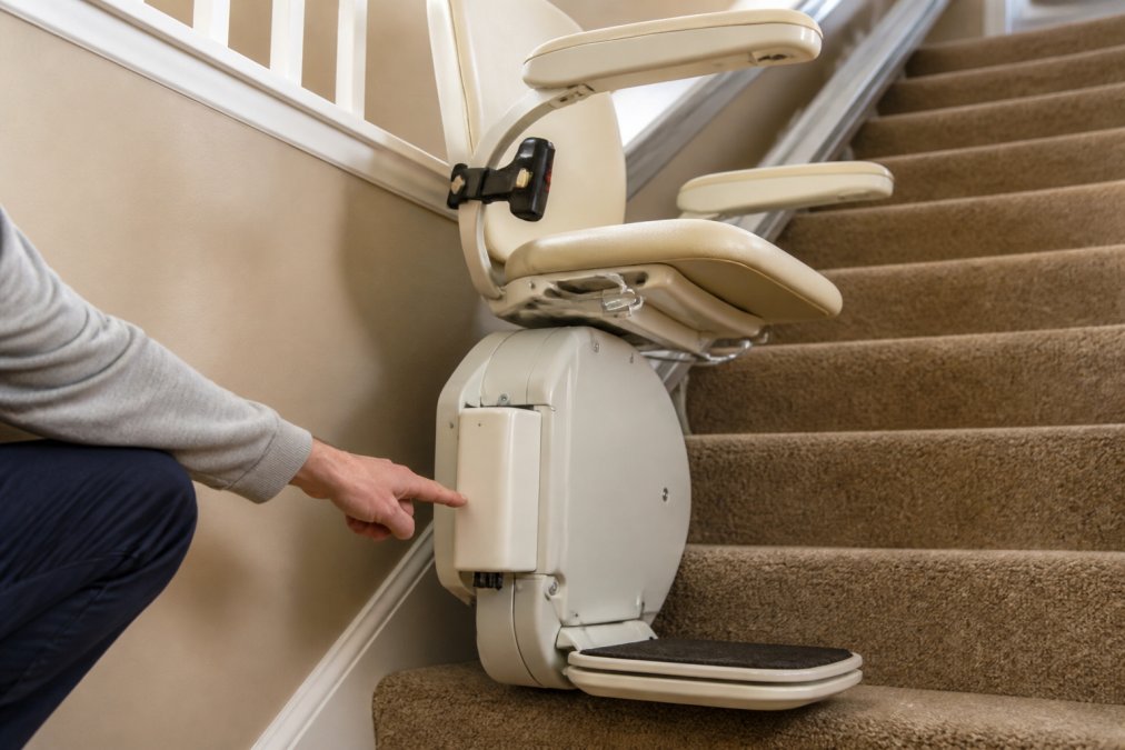 A technician's hand pointing to the battery backup unit mounted on a stairlift carriage, with the stairlift seat visible on a residential staircase
