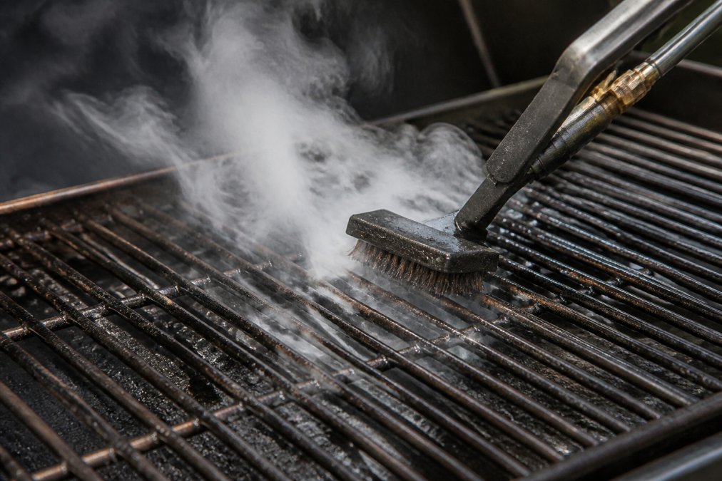 Close-up of white steam rising from grill grates as a steam brush applies water and heat, with melted grease visibly lifting from the metal surface