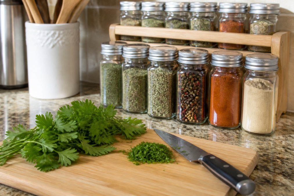 Kitchen counter displaying separate, clearly labeled spice containers and a clean cutting board with fresh herbs, emphasizing organized storage and food safety protocols