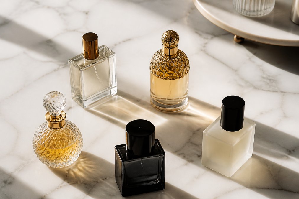 An elegant flat-lay of several distinct perfume bottles on a marble counter, soft natural light casting long shadows, showing varied bottle designs from a classic vintage flacon to a sleek modern minimalist square