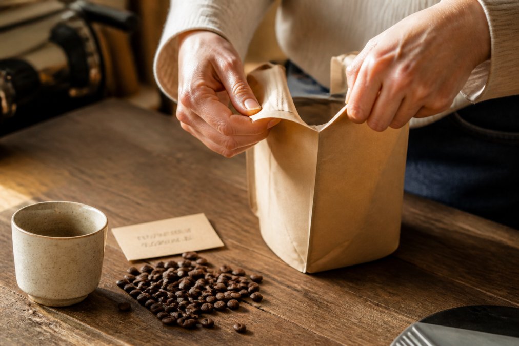 Close-up of hands opening a kraft coffee bag on a wooden counter, whole beans scattered beside a small card showing a handwritten roast date, warm morning light