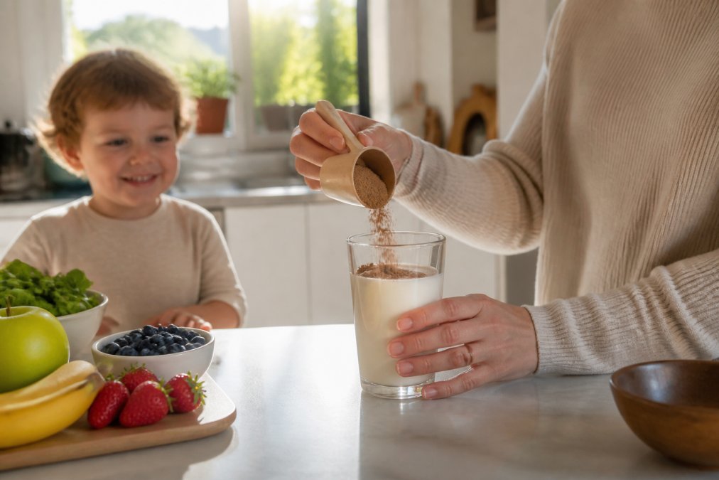 Professional illustration showing parent's and hands and pouring concepts for are superfood powders safe for toddlers