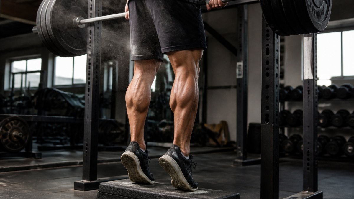 Athlete performing a controlled barbell heel raise on a gym step to strengthen lower leg tendons