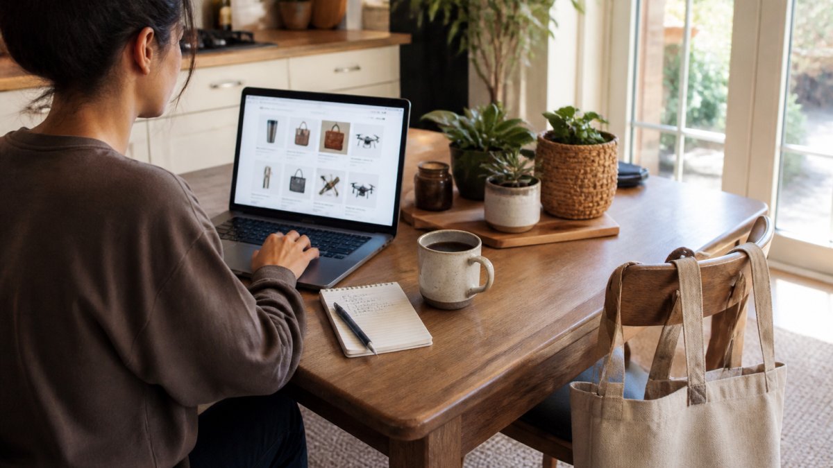A person at a kitchen table with a laptop open to an online order, a short handwritten shopping list beside it, and a reusable tote bag on the chair, in soft natural daylight