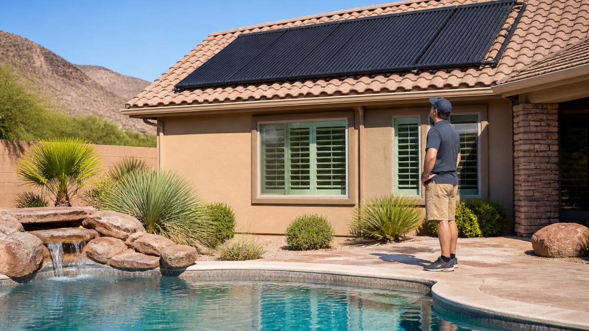 Homeowner inspecting black solar heating panels on a roof for sustainable pool maintenance in a sunny yard.