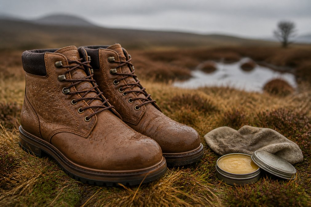 A pair of tan leather country boots with Sympatex lining standing on wet moorland grass, water droplets visible on the leather surface, soft overcast light