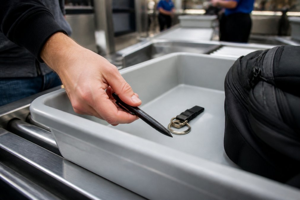 A traveler's hand placing a tactical pen and a small keychain into a clear plastic TSA bin on the conveyor belt at a security checkpoint, bright airport lighting