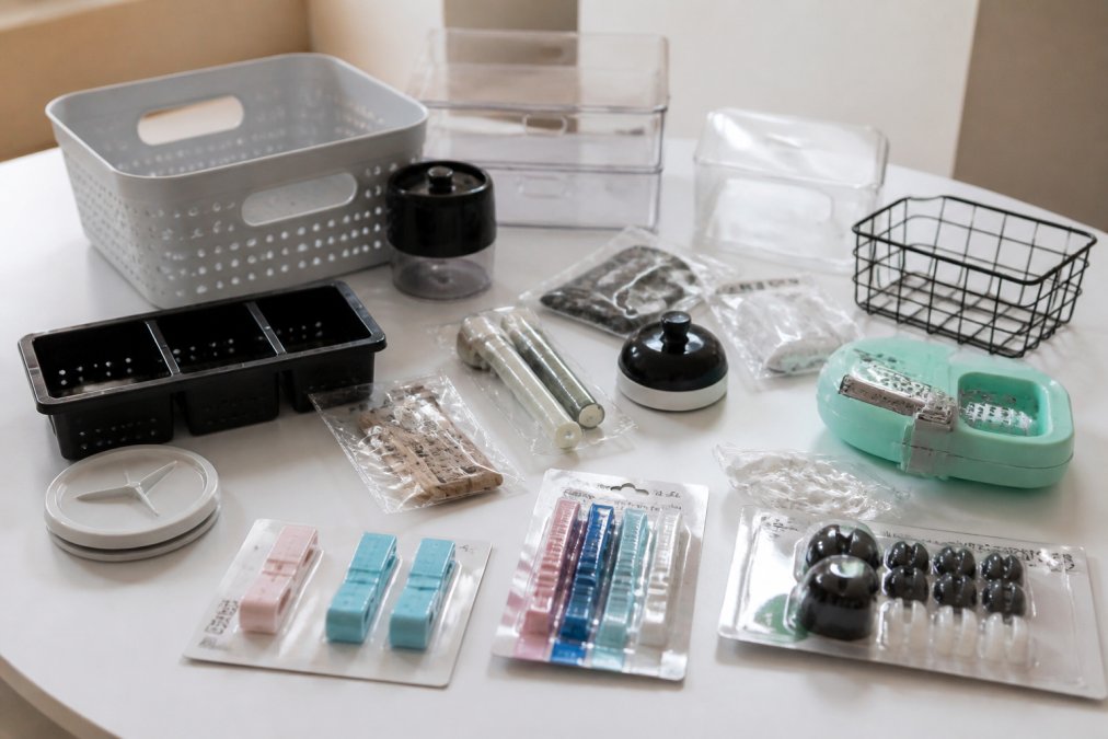 Flat-lay photograph of small home organization products including clear plastic bins, binder clips, cable organizers, and a silicone kitchen gadget set arranged neatly on a white surface, some still in their original packaging