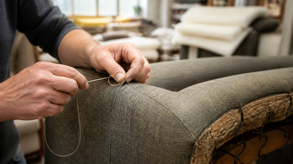 Close-up of skilled upholsterer's hands stitching seams with needle and thread on a Tetrad sofa frame in a bright workshop setting, showing detailed hand-finishing work on the upholstery