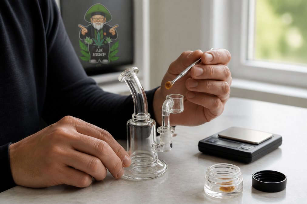 Close-up of hands using a dab tool to measure a rice-grain-sized portion of concentrate for a glass rig