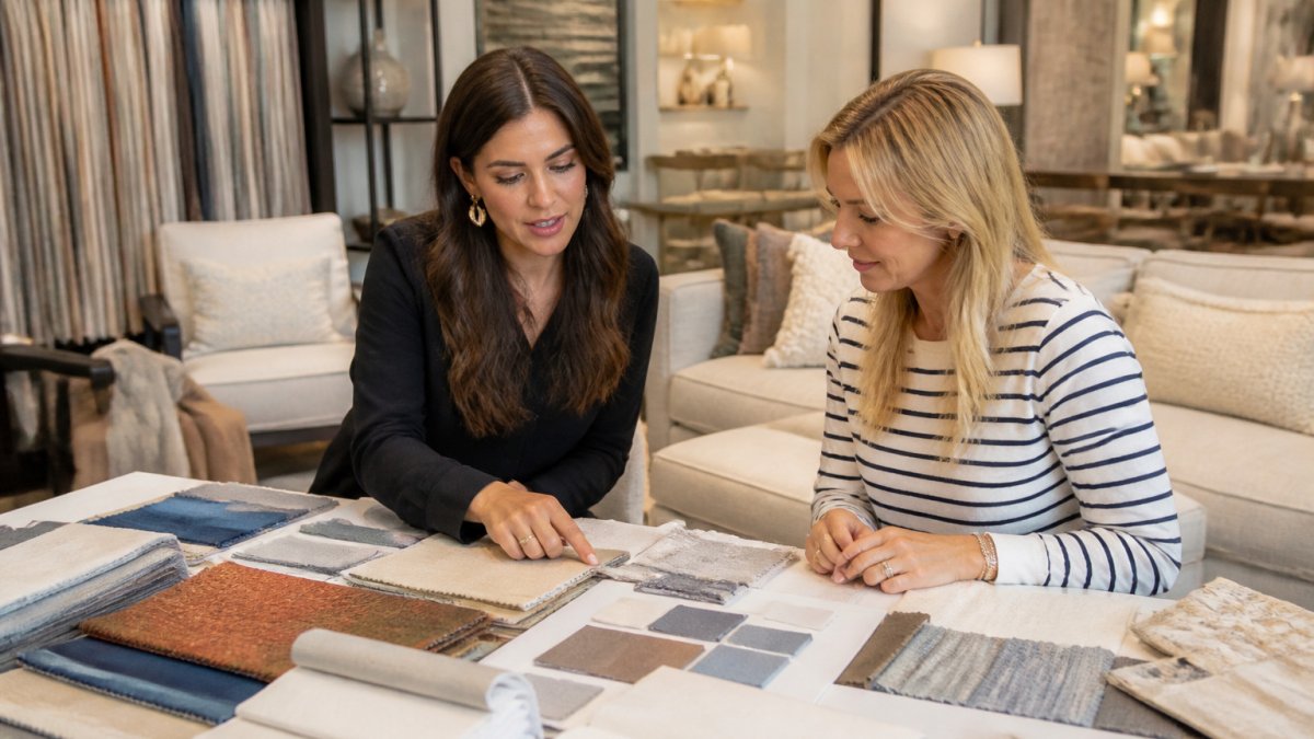 Interior designer and homeowner reviewing fabric swatches and a mood board in a bright, elegant showroom.