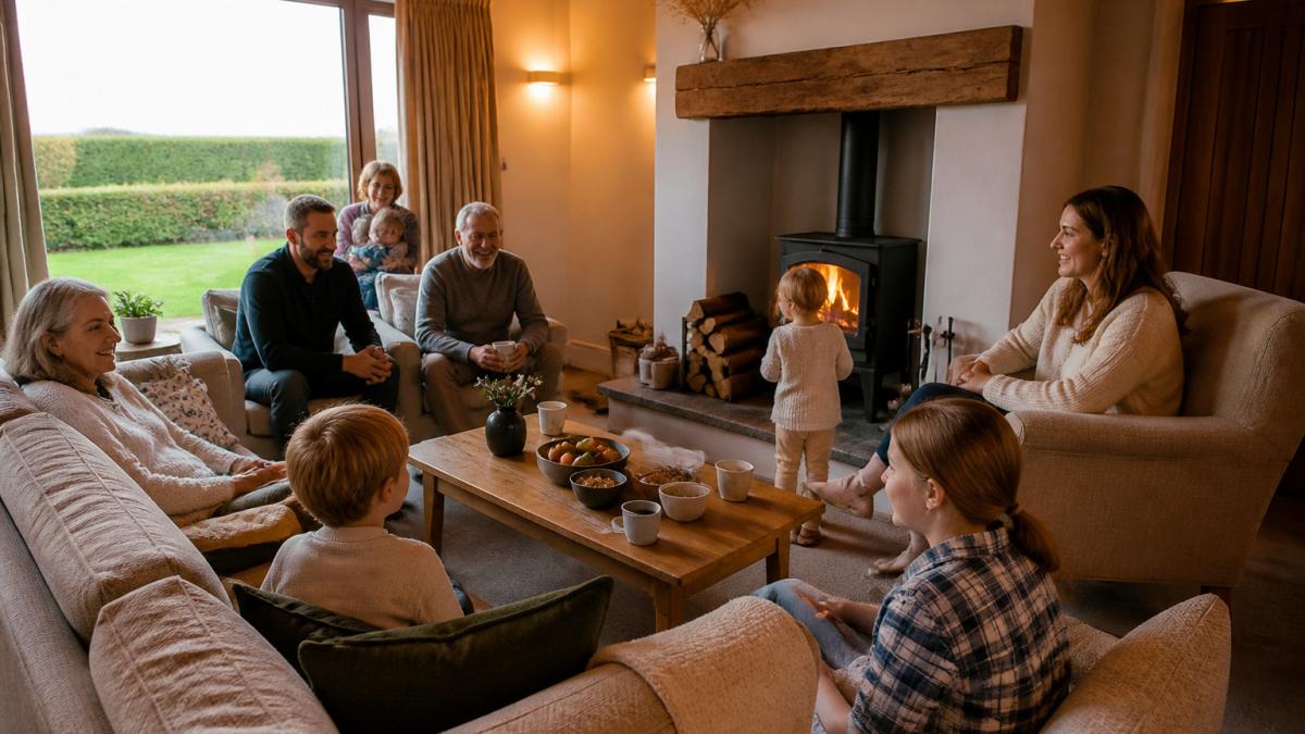 Multi-generational family relaxing by a log burner in a boutique hotel with an enclosed garden view