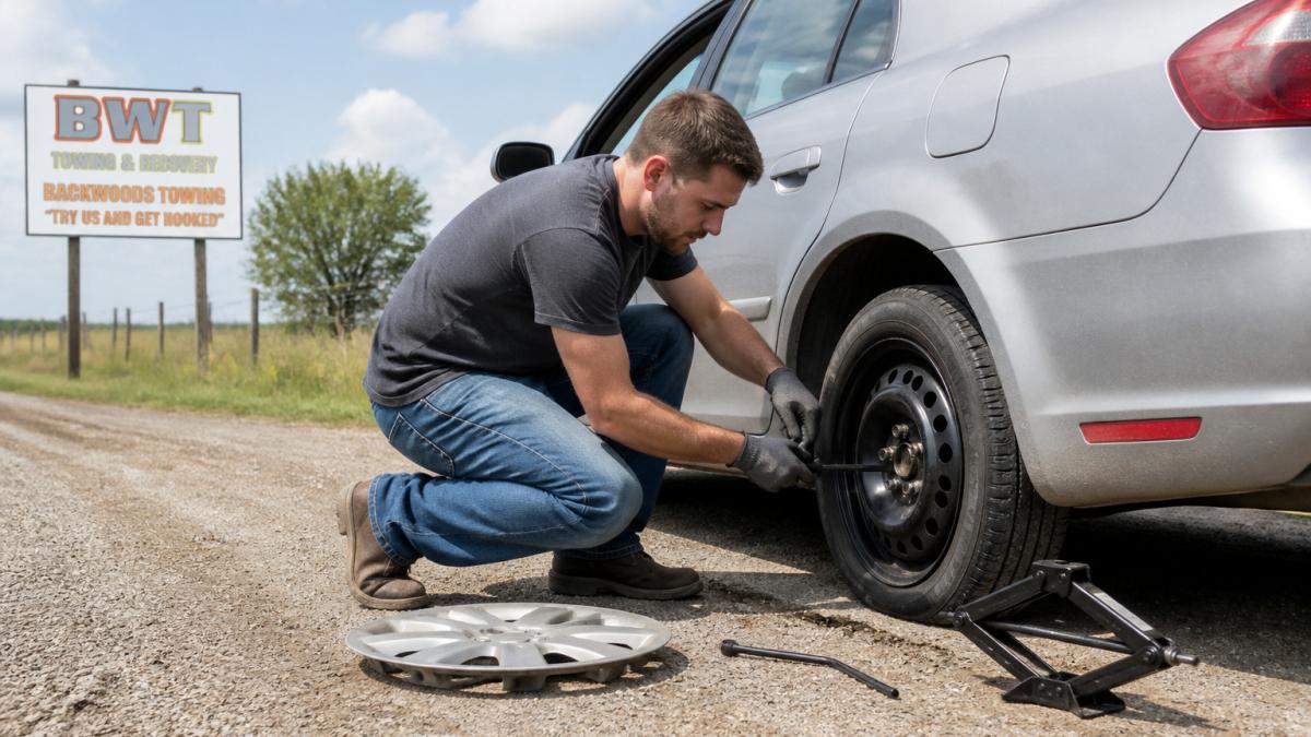 Driver using a jack and lug wrench to change a flat tire as one of the alternatives to towing on a rural road.