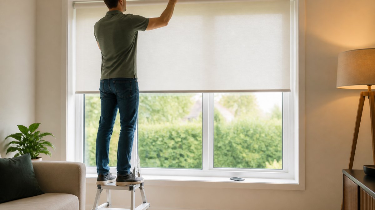 A person standing on a small step stool in a bright living room, reaching up to adjust the headrail of a made-to-measure roller blind on a large window, with a smartphone resting on the windowsill nearby