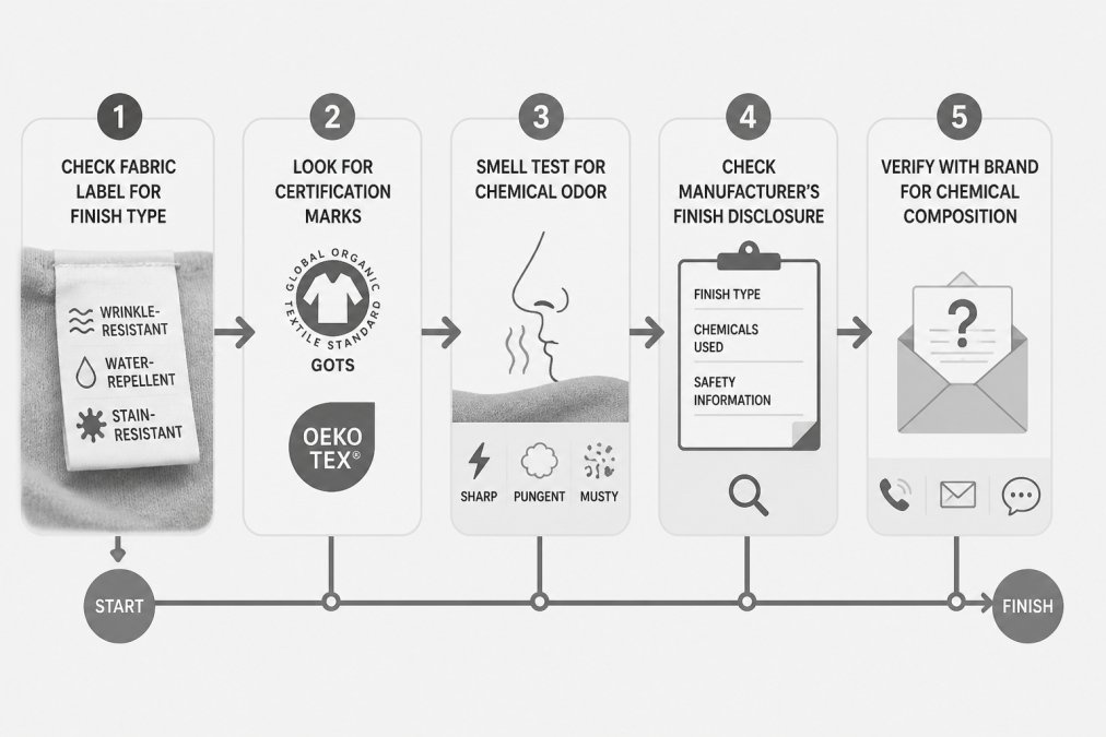 Flowchart showing decision tree: Step 1 - Check fabric label for finish type (wrinkle-resistant, water-repellent, stain-resistant) → Step 2 - Look for certification marks (GOTS, OEKO-TEX) → Step 3 - Smell test for chemical odor (sharp, pungent, musty) → Step 4 - Check manufacturer's finish disclosure → Step 5 - Verify with brand for chemical composition