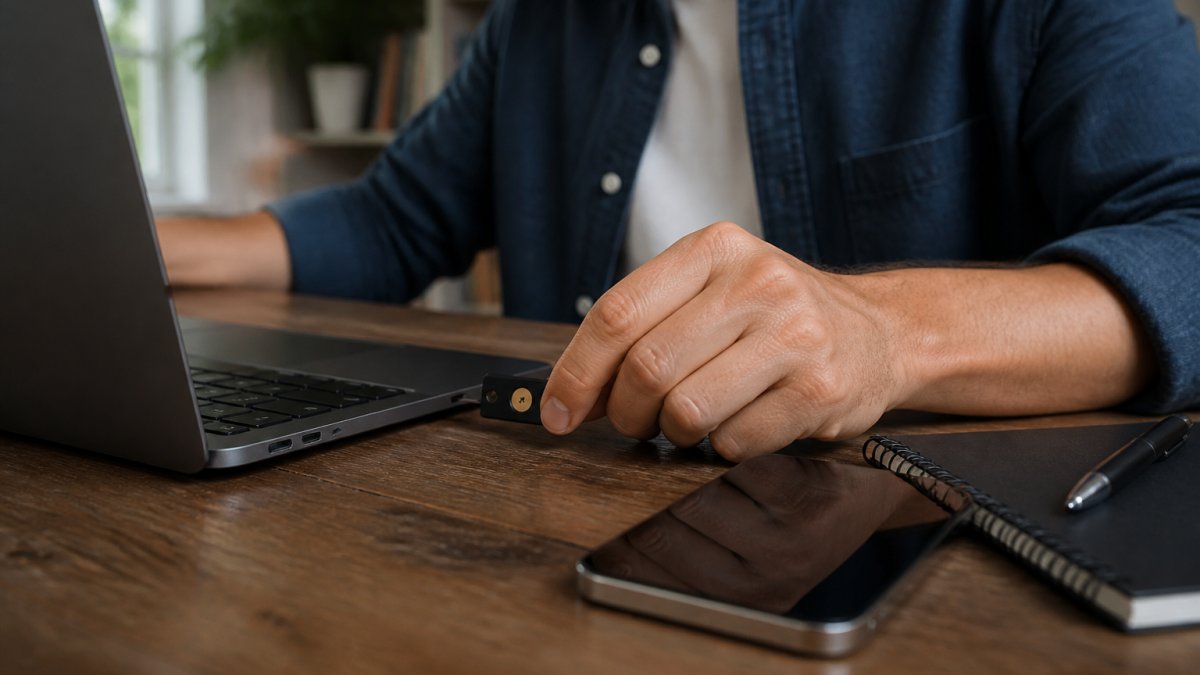 A person plugging a small USB security key into a laptop, with a smartphone and notebook on a desk in a home office